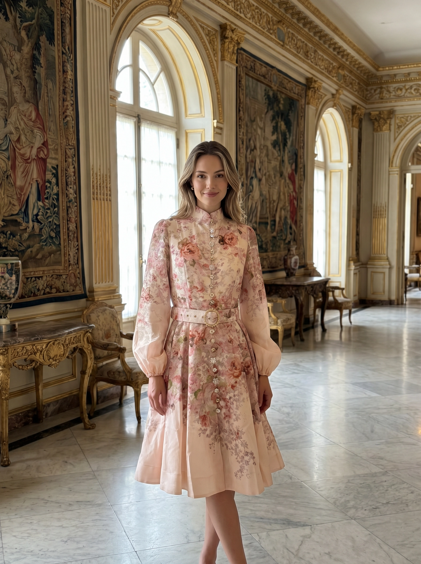 Rococo Floral Mini Cream Dress